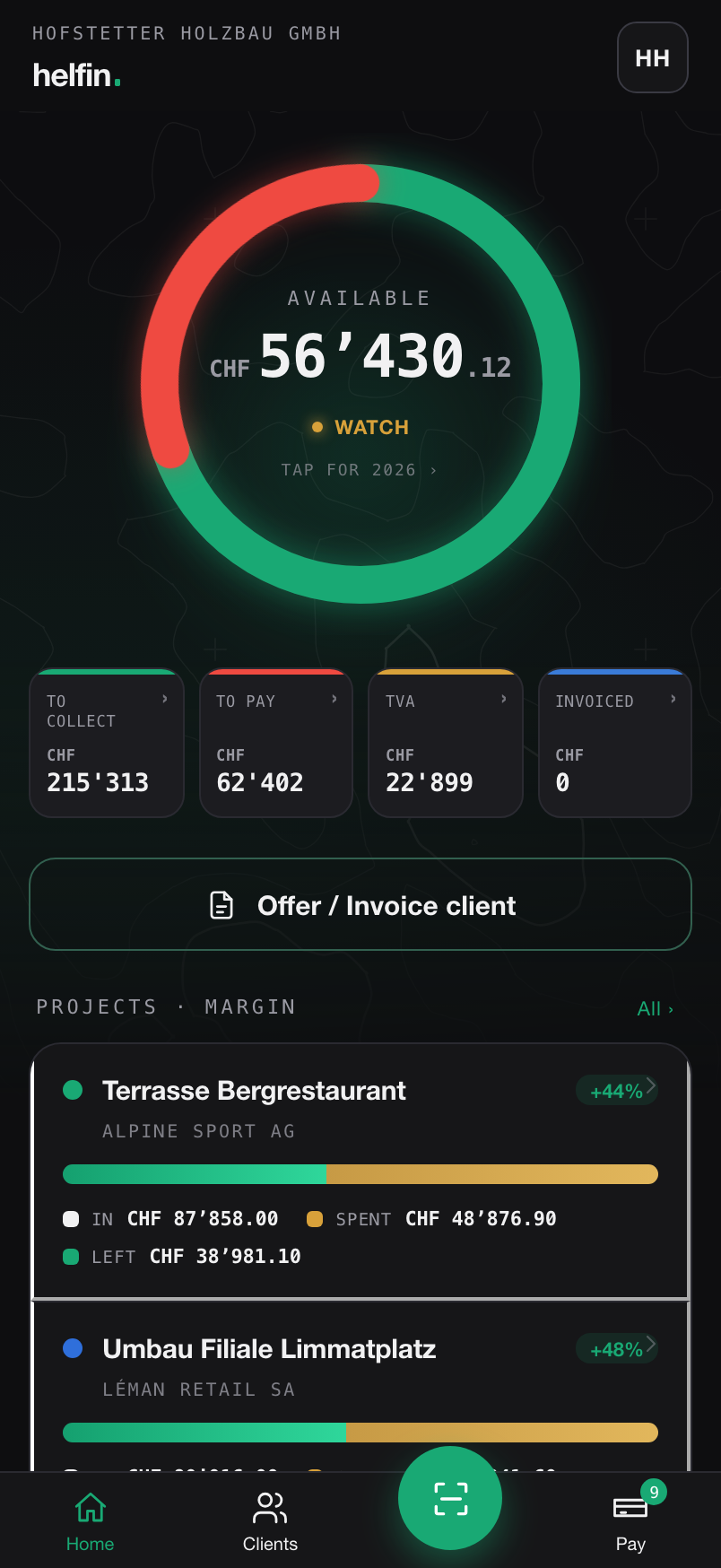 The helfin home screen on iPhone — a cash-flow donut showing money available, to collect and to pay