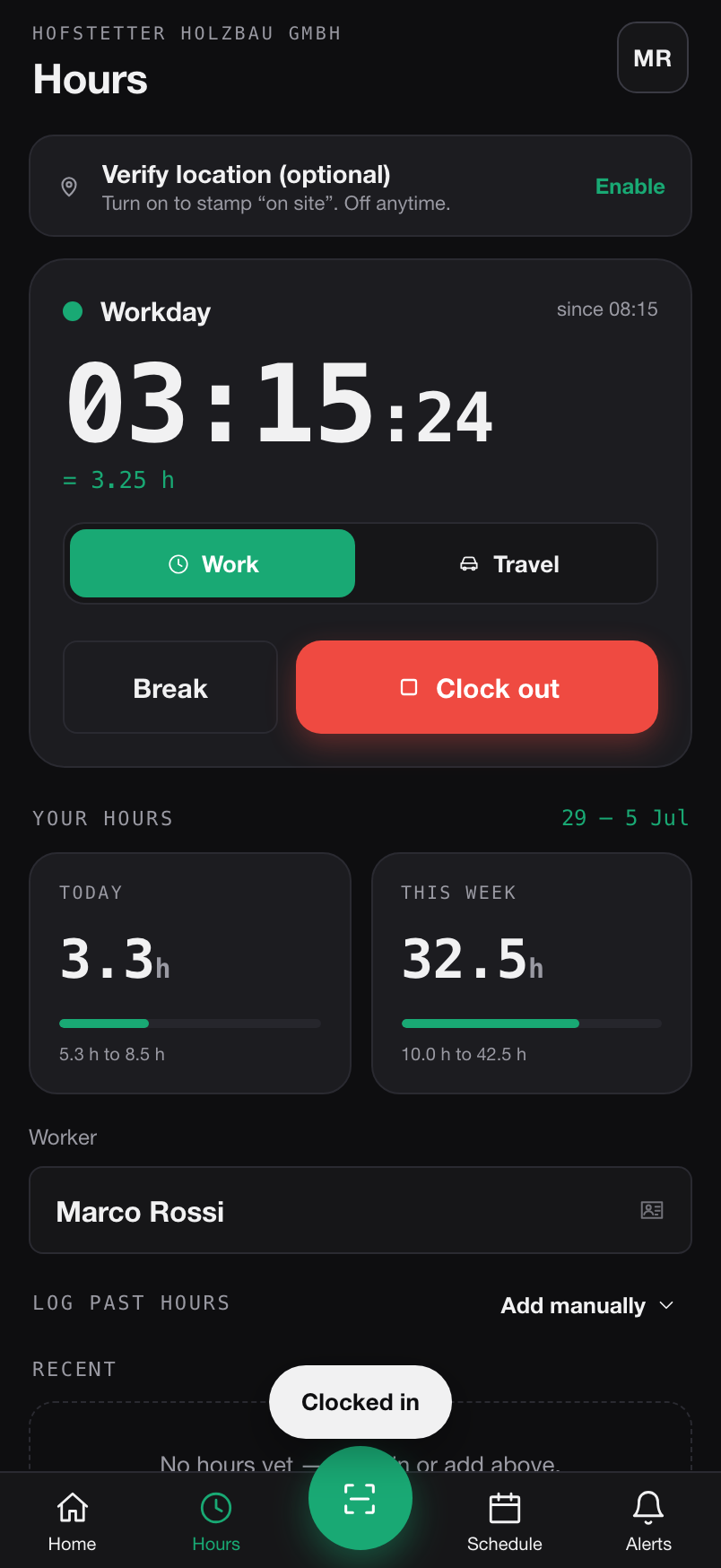 The helfin time-clock on iPhone — work/travel toggle, clock-in, weekly hours