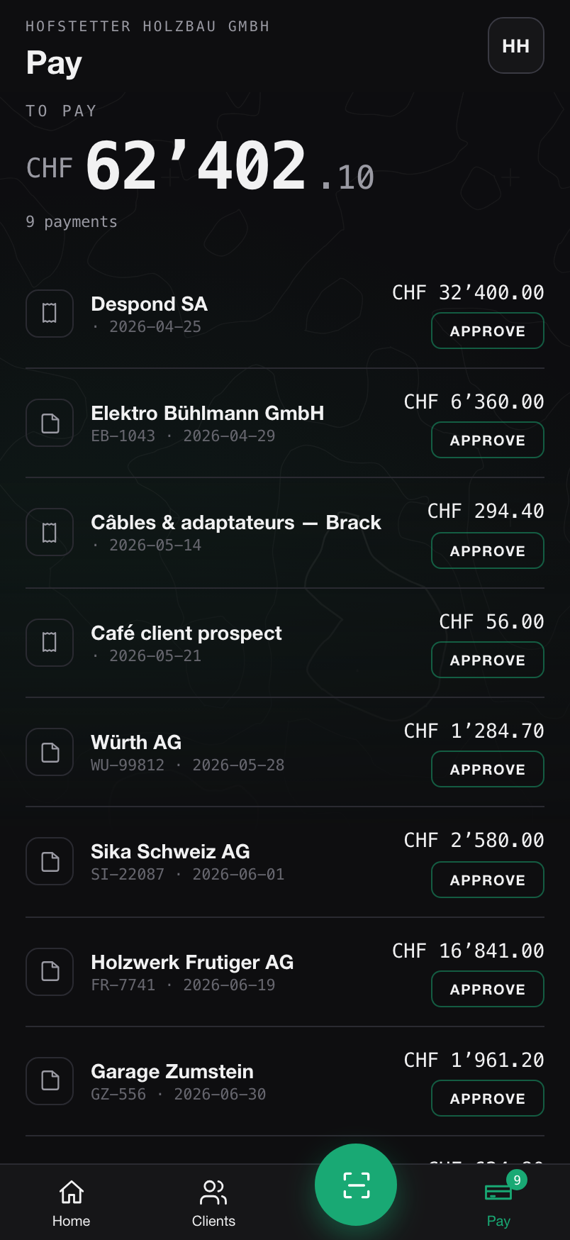 The helfin pay screen on iPhone — a list of payments to approve