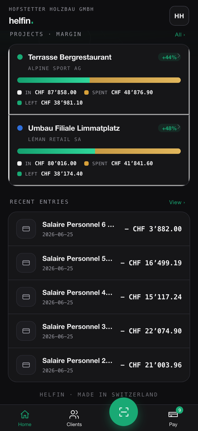 A helfin project screen on iPhone — margin, revenue, costs and suppliers